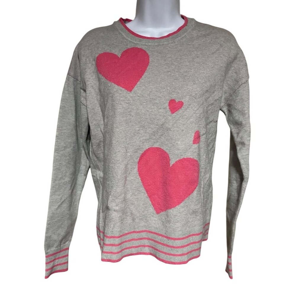 Marled Womens Gray Sweater With Pink Heart Print & Striped Ribbed Knit Trim XS